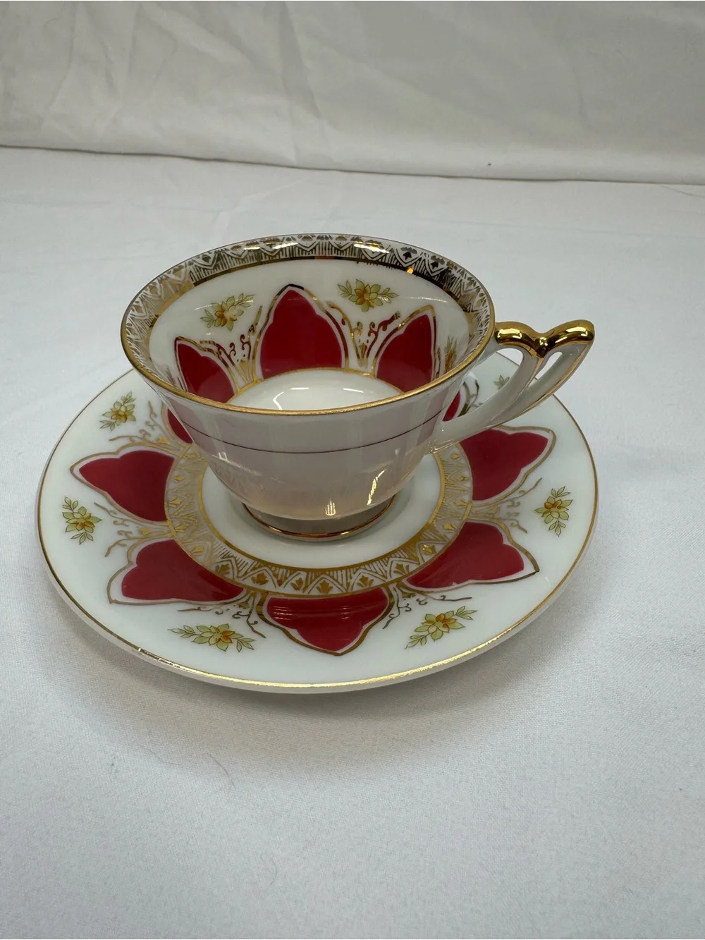 Vintage Red Gold Tea Cup and Saucer Geometric Floral, Ucagco Japan, Excellent